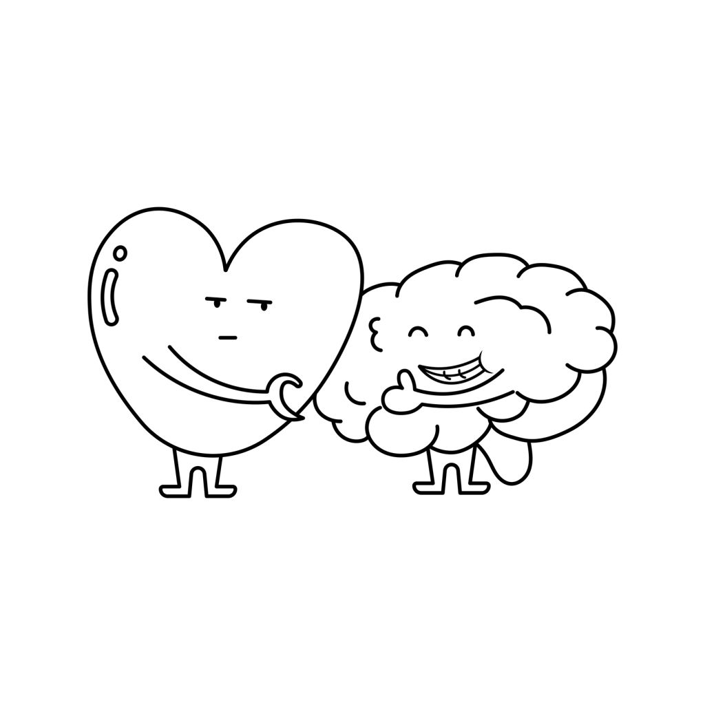 Hand drawn Kids drawing Cartoon Vector illustration cute heart and brain relationship icon Isolated on White Background