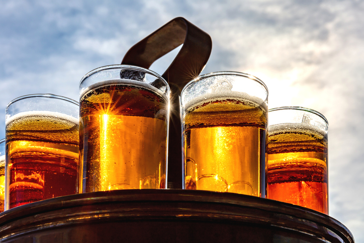Kölsch - a specialty beer from Cologne in a typical tray in beer garden