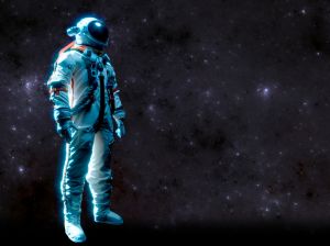Cosmonaut in space suit with stars background and Earth,