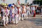 Mexico City, Mexico, Day of the Virgin of Guadalupe, Plaza Mariana Avenida Montevideo, indigenous Indians wearing traditional ceremonial dress, singing, chanting and dancing