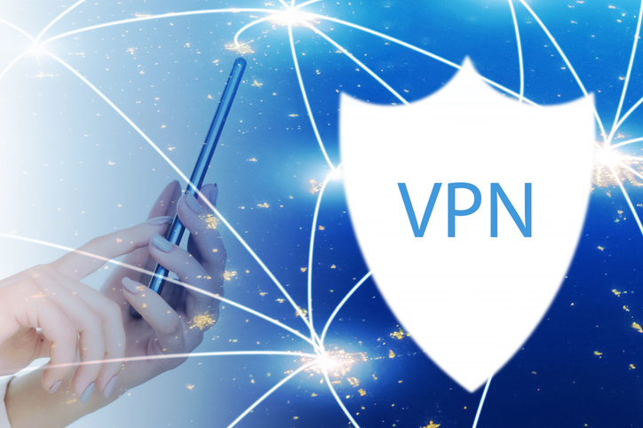 VPN for smartphone, hand with mobile device, digital security shield,Element of the image provided by NASA