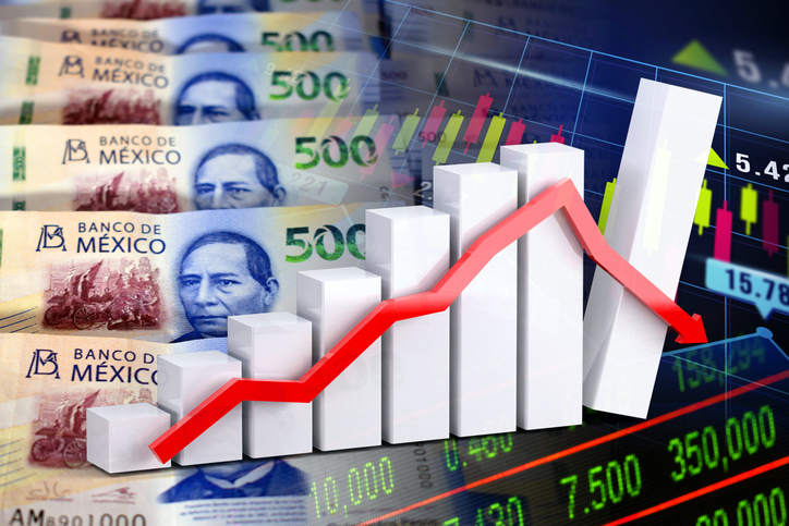 Down arrow, mexican pesos bills in cash and stock market indicators - Economy graph