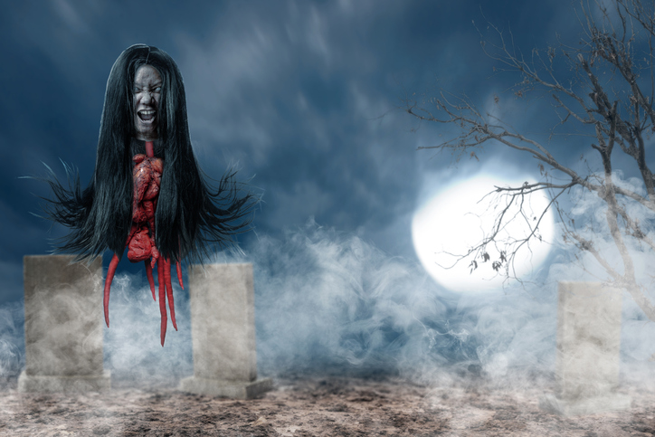 Kuyang, Kunyang, Palasik or Krasue ghost. Evil, demon, satan, monster figure from Kalimantan, Indonesia, Southeast Asia. Witch or shaman separate head from the body