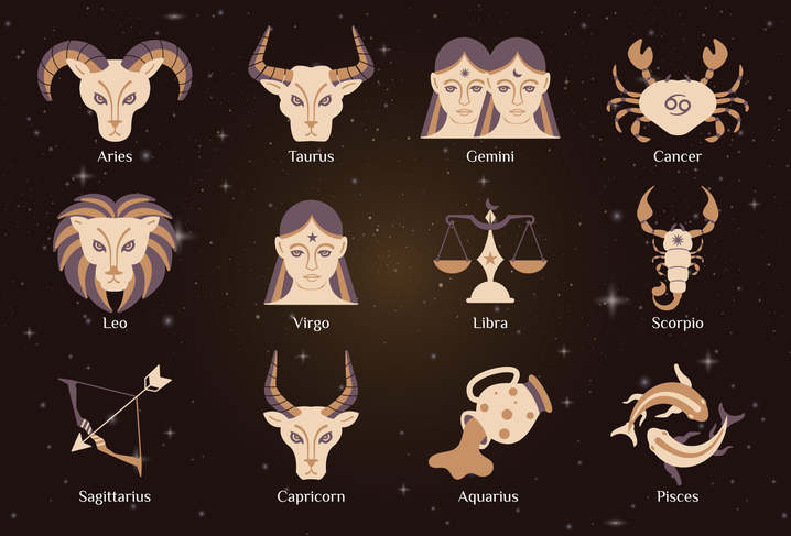 Zodiac astrology horoscope design vector illustrations set. Elegant symbols and icons of horoscopes with names on the dark brown background