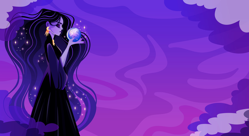 Beautiful woman holding magical glowing ball for predictions and esotericism, seer, flat design for halloween banner. Fortune teller, sorceress or witch. Cartoon vector illustration