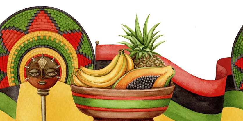 Kwanzaa bottom seamless border of African flag, fan and fruit plate. Hand drawn watercolor holiday illustration of traditional symbol. Isolated drawing for African-American festive designs.