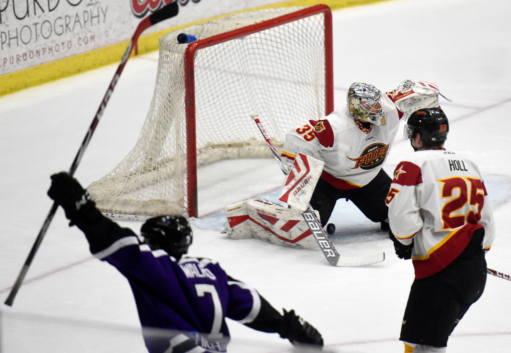 Reading's Kevin Walrod (7) celebrates his third period goal.Reading Royals lose 3-2 to the Indy Fuel in a minor league ECHL hockey game at Santander Arena, Reading. Photo by Jeremy Drey 4/10/2015