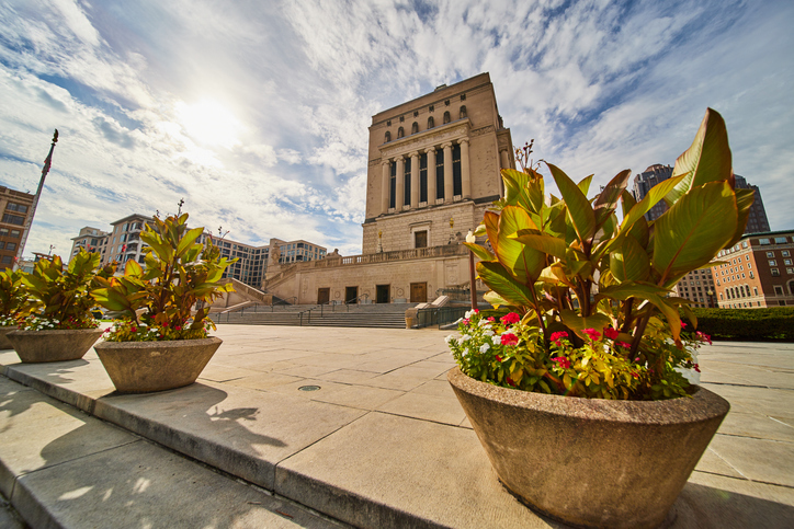 Majestic Classical Building with Grand Staircase, Urban Plaza View
