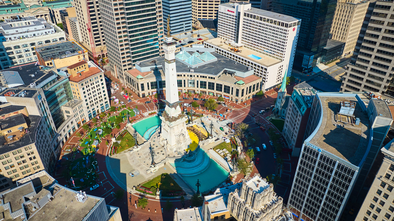 Aerial Downtown Indianapolis Monument Circle and Skyscrapers