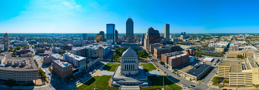 Aerial Panorama of Indianapolis Skyline with War Memorial and High-rises