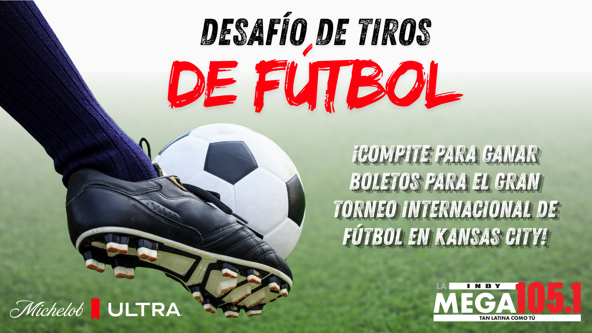 Desafío de tiros de fútbol. Soccer ball and cleats on a grassy field with text promoting a soccer tournament in Kansas City.
