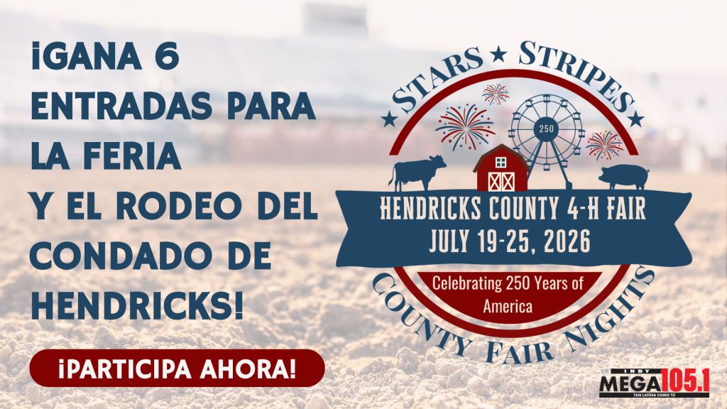 Poster advertising the Hendricks County 4-H Fair, featuring a ferris wheel, fireworks, and farm animals. Text includes "IGANA 6 ENTRADAS PARA LA FERIA Y EL RODEO DEL CONDADO DE HENDRICKS!" and "Celebrating 250 Years of America".