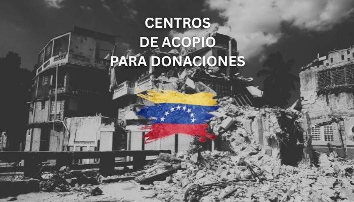 Rubble-strewn urban scene with Venezuelan flag amid destroyed buildings, with text "CENTROS DE ACOPIO PARA DONACIONES" (Donation collection centers)