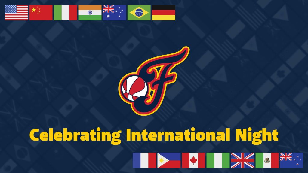 Celebrating International Night with flags of various countries and a basketball logo.