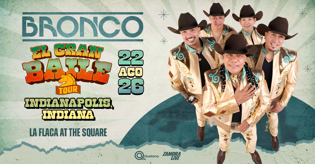 Promotional poster for the "El Gran Baile" tour by the Bronco band, featuring the group members in cowboy attire against a vintage-style background.