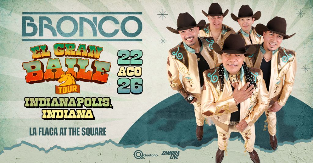 Promotional poster for the "El Gran Baile" tour by the Bronco band, featuring the group members in cowboy attire against a vintage-style background.
