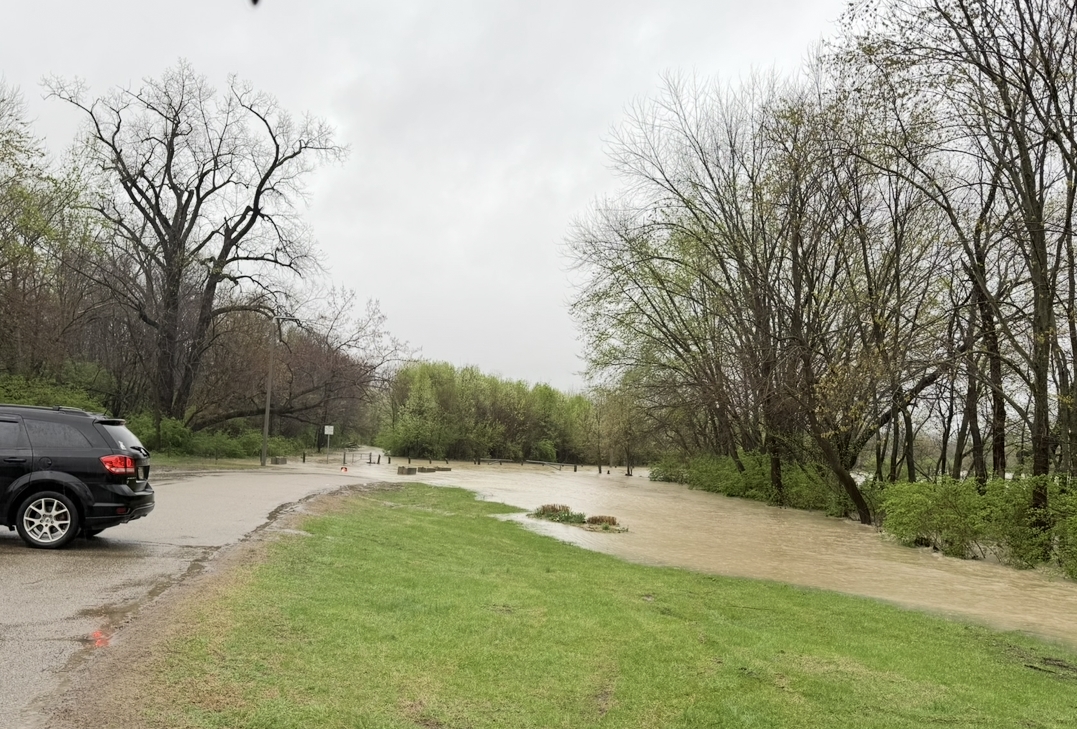 Flooded park with submerged grass and trees along the banks of a swollen river, with a parked vehicle visible.