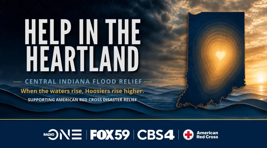 Dramatic sky with clouds over a landscape, with text "HELP IN THE HEARTLAND - CENTRAL INDIANA FLOOD RELIEF" and logos for Radio ONE, FOX59, CBS4, and American Red Cross.