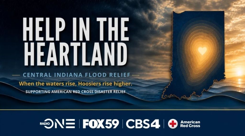 Dramatic sky with clouds over a landscape, with text "HELP IN THE HEARTLAND - CENTRAL INDIANA FLOOD RELIEF" and logos for Radio ONE, FOX59, CBS4, and American Red Cross.